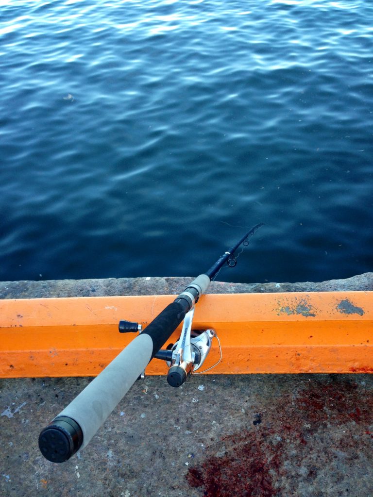En stang fisket passivt med brisling på en 1:0 krok - med makrelldupp i vannskorpa